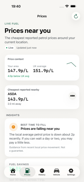 PetrolWise Prices tab showing live local pump prices and the UK average