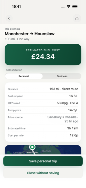PetrolWise journey result showing the fuel cost of a trip